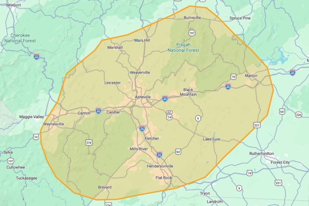 WNC Climate Control service area map showing coverage radius around Asheville, NC and Western North Carolina