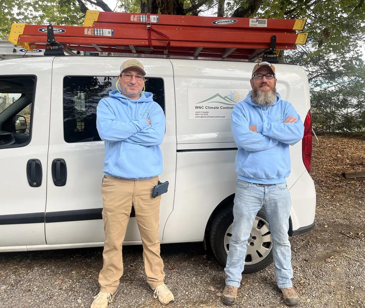 hvac-techs-blue-hoodies-ladder-van-weaverville.nc